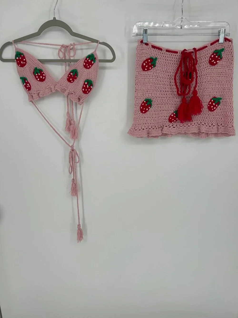 Handmade Crochet Strawberry 2 Piece Set Pink Cottagecore Coquette Fairycore XS/S